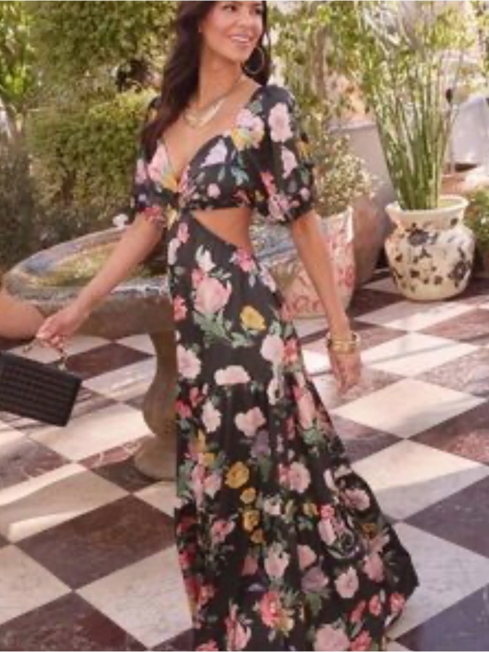 Vici Black Floral Cutout Maxi Dress with Pink and Yellow Blooms
